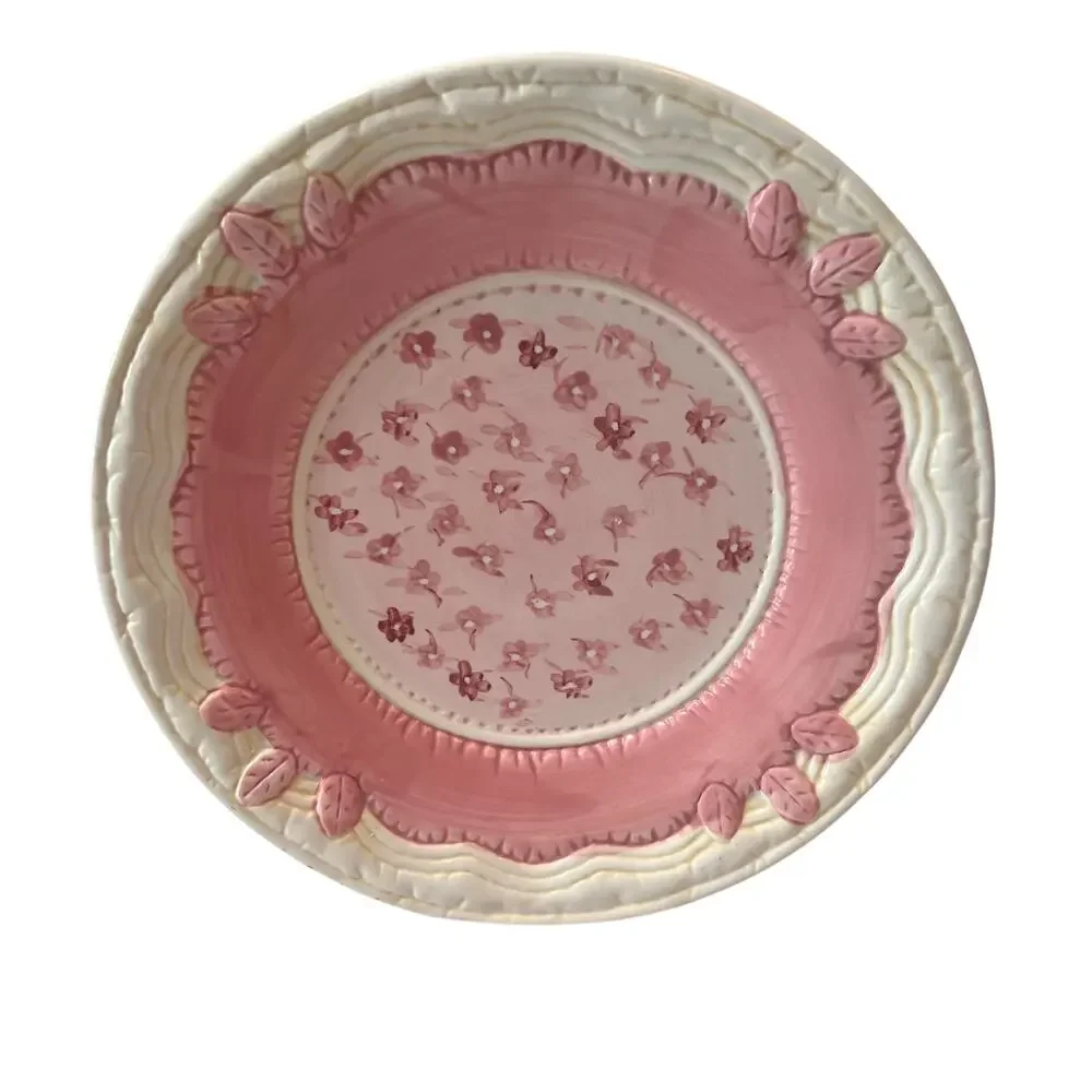 Yankee Candle Pink Floral Ceramic Candle Plate Tray Holder 8” Raised Leaf Border